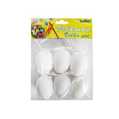 Vajíčko dekorační plastové bílé na zavěšení 6 cm, 6 ks